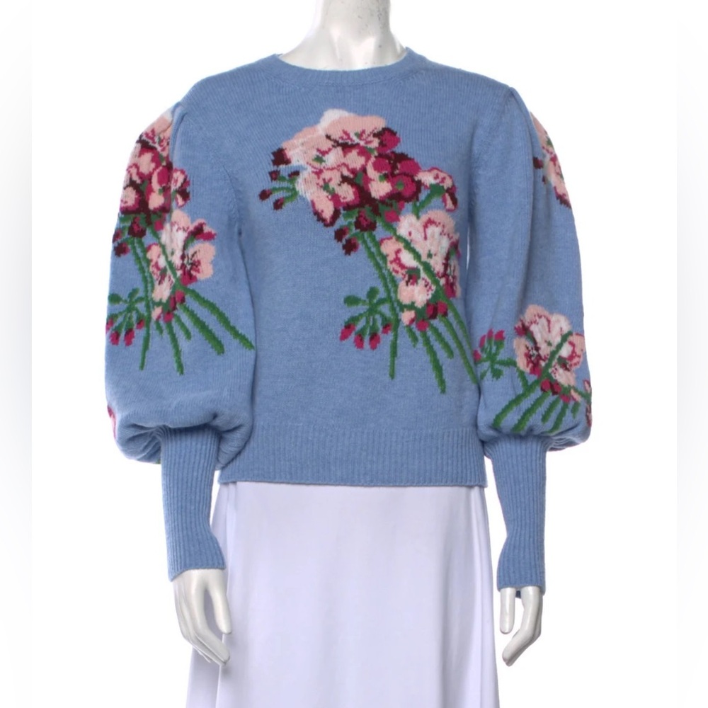 Gucci light blue Intarsia puff sleeve wool sweater